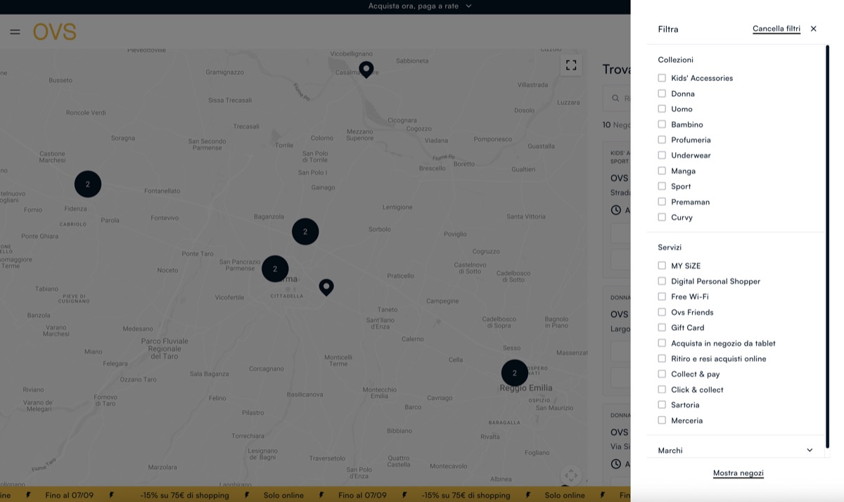 Advanced Store Locator — the map with the filter panel for collections and services
