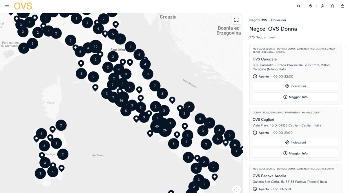 Advanced Store Locator — the national map of OVS stores with the store list