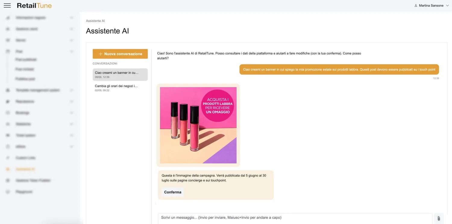 The RetailTune AI platform's AI Assistant: a request for a summer promotion banner on lip products and the generated post, with confirmation for publishing
