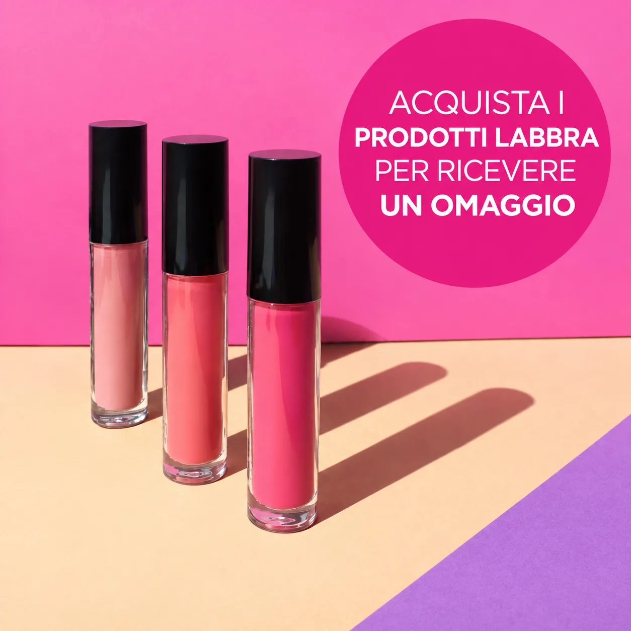 The post graphic generated by the AI Assistant: three lip glosses with the offer « buy lip products to get a free gift »