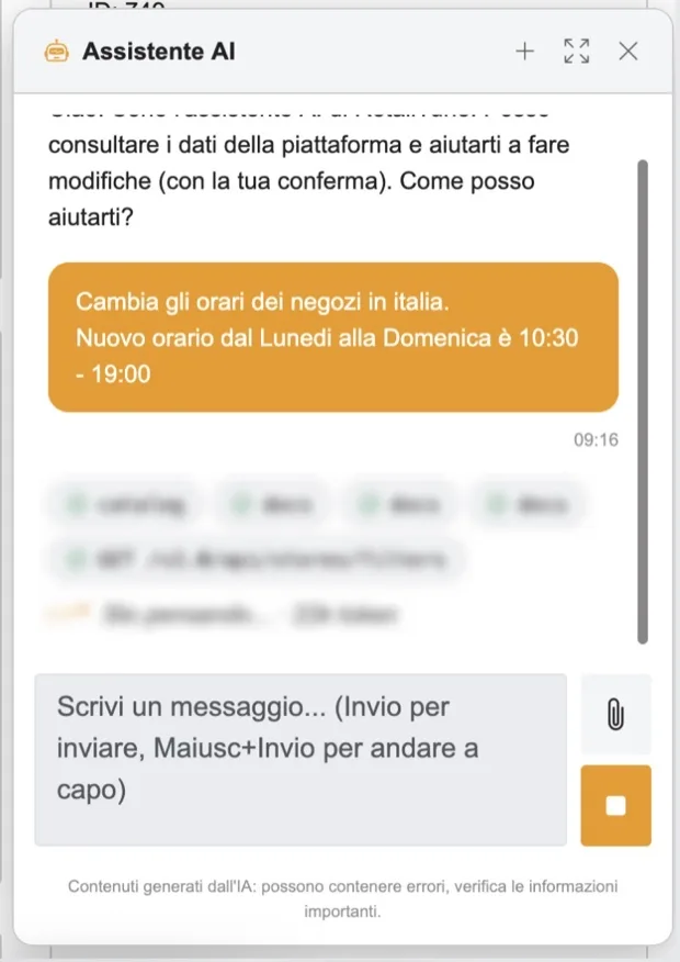The request written to the assistant: change the Italian stores' opening hours