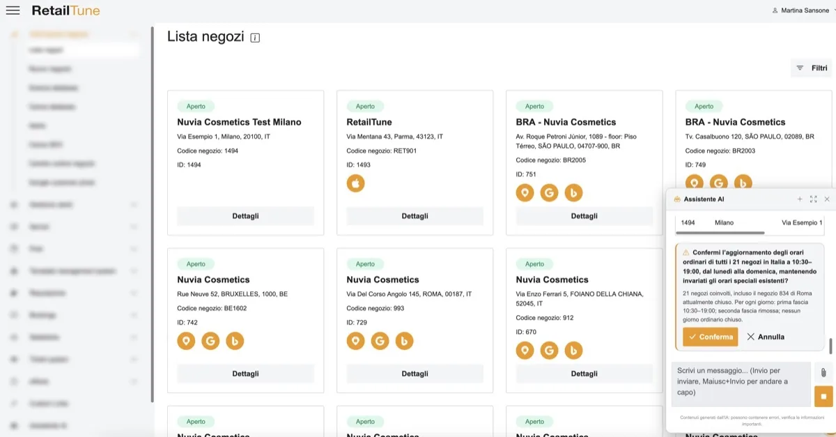The platform's store list with the AI assistant open