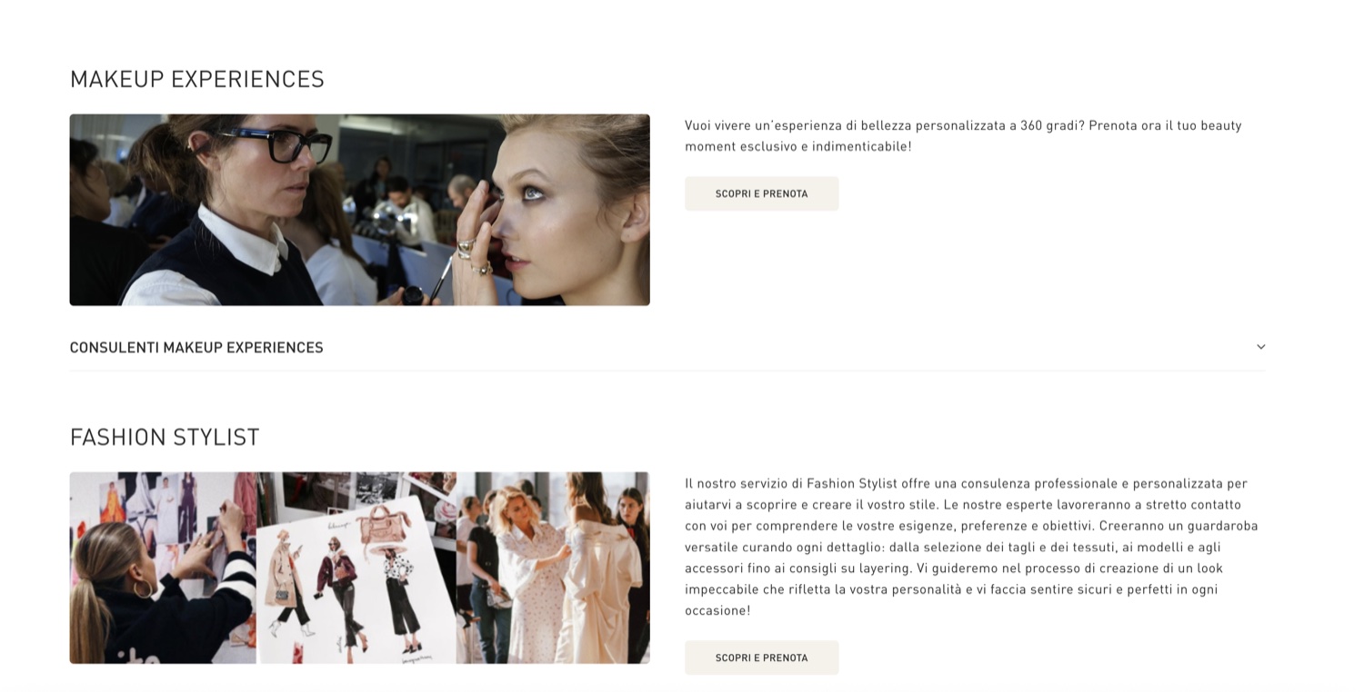 Le esperienze prenotabili in negozio: Makeup Experiences e Fashion Stylist, con il pulsante Scopri e prenota evidenziato, che apre il modulo