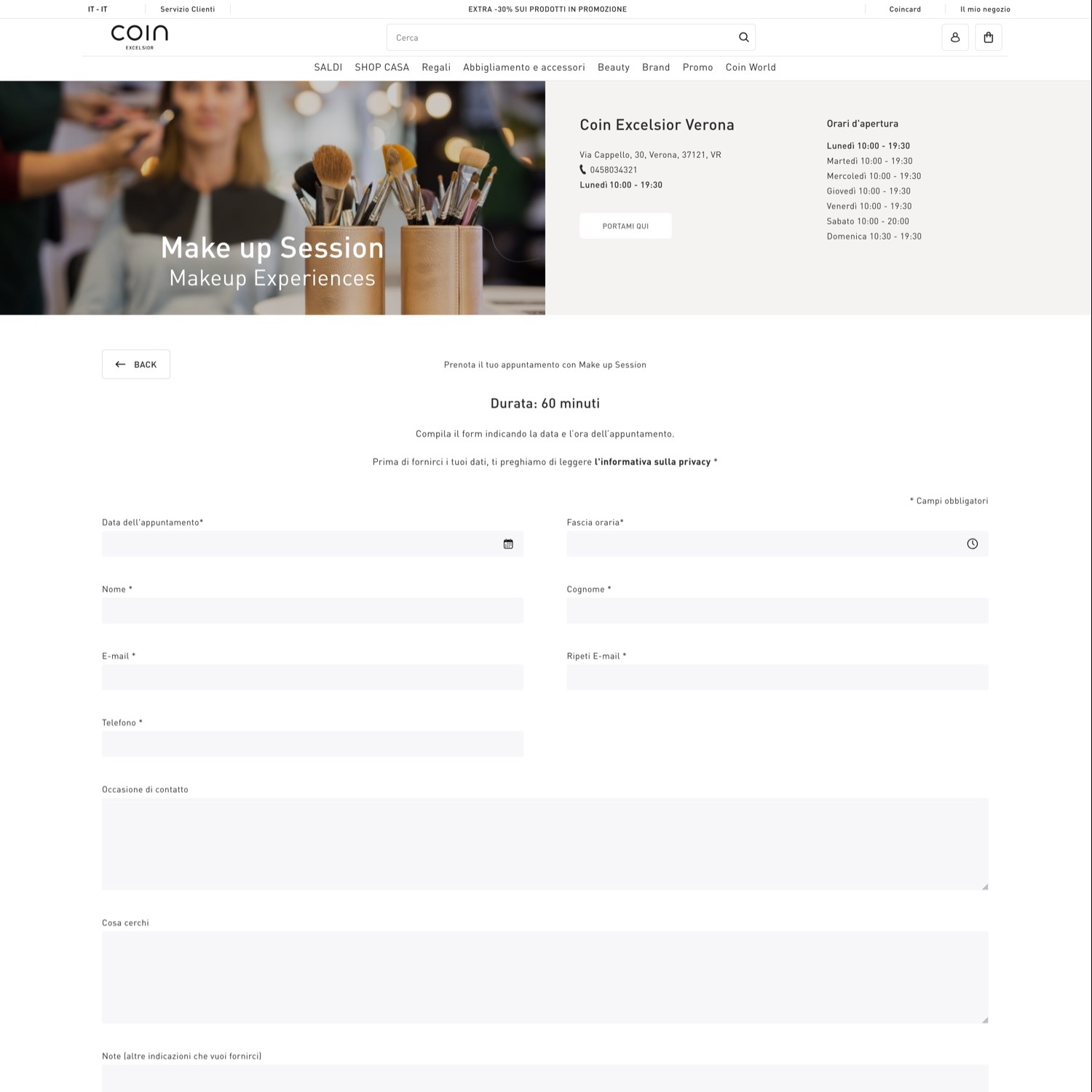 Il modulo di prenotazione della Make up Session: data, fascia oraria, dati del cliente e preferenze
