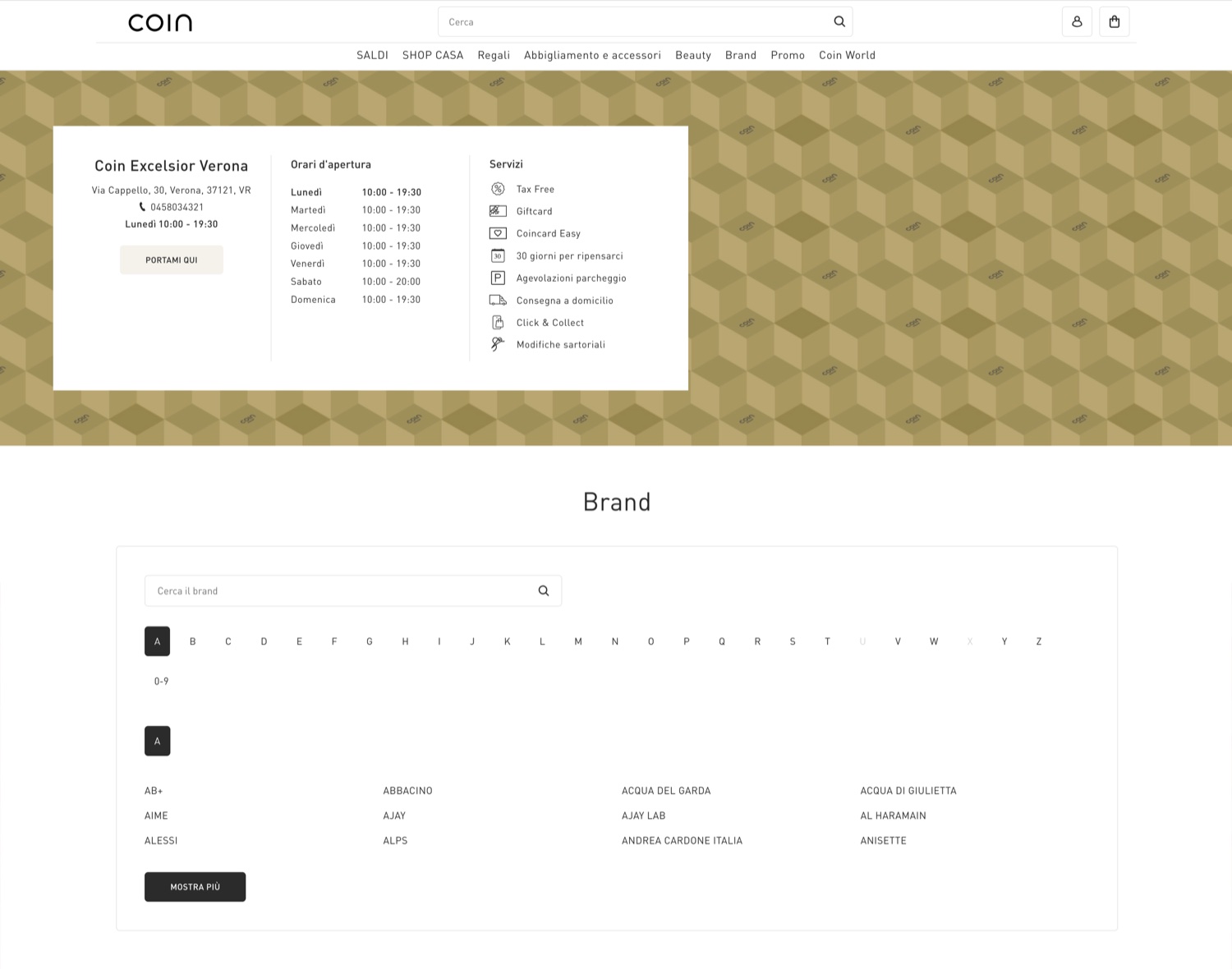Brand Finder — the Coin Excelsior Verona store page with the alphabetical list of brands available in store