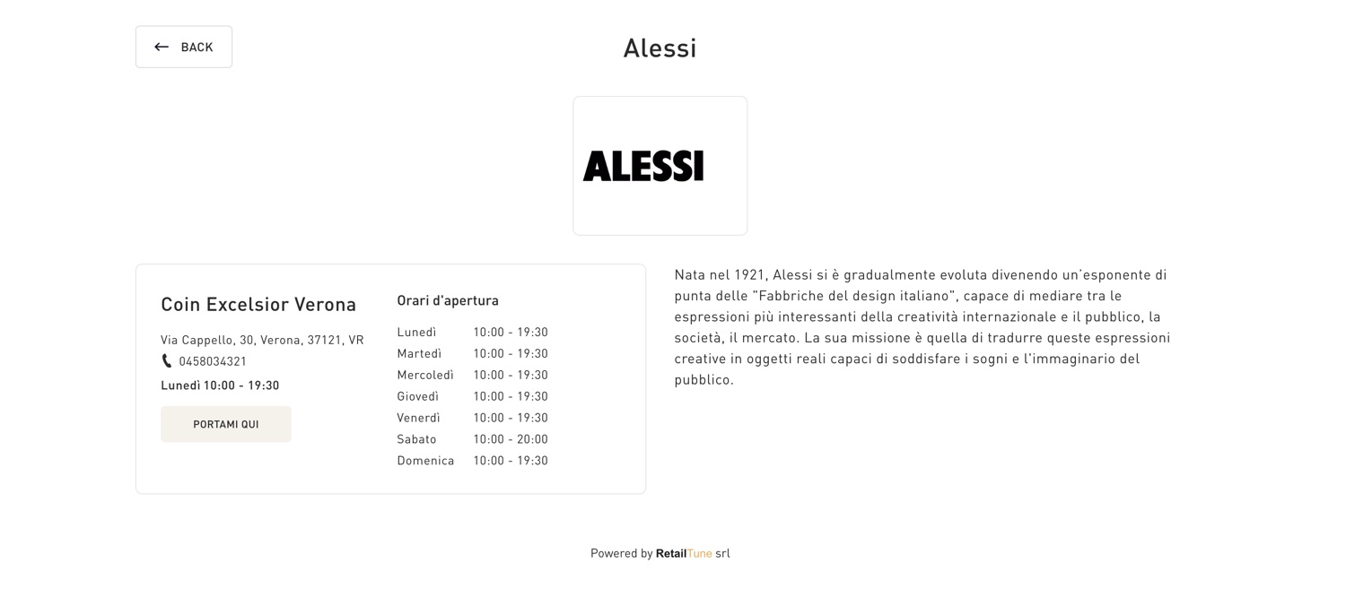 Brand Finder — the Alessi brand page with the store that carries it and its opening hours