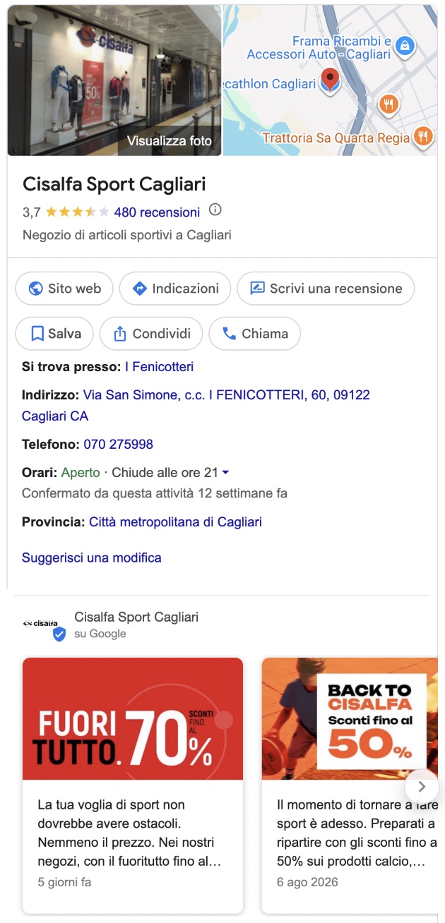 The Google Business profile of the same store, with posts from the Fuori tutto and Back to Cisalfa campaigns