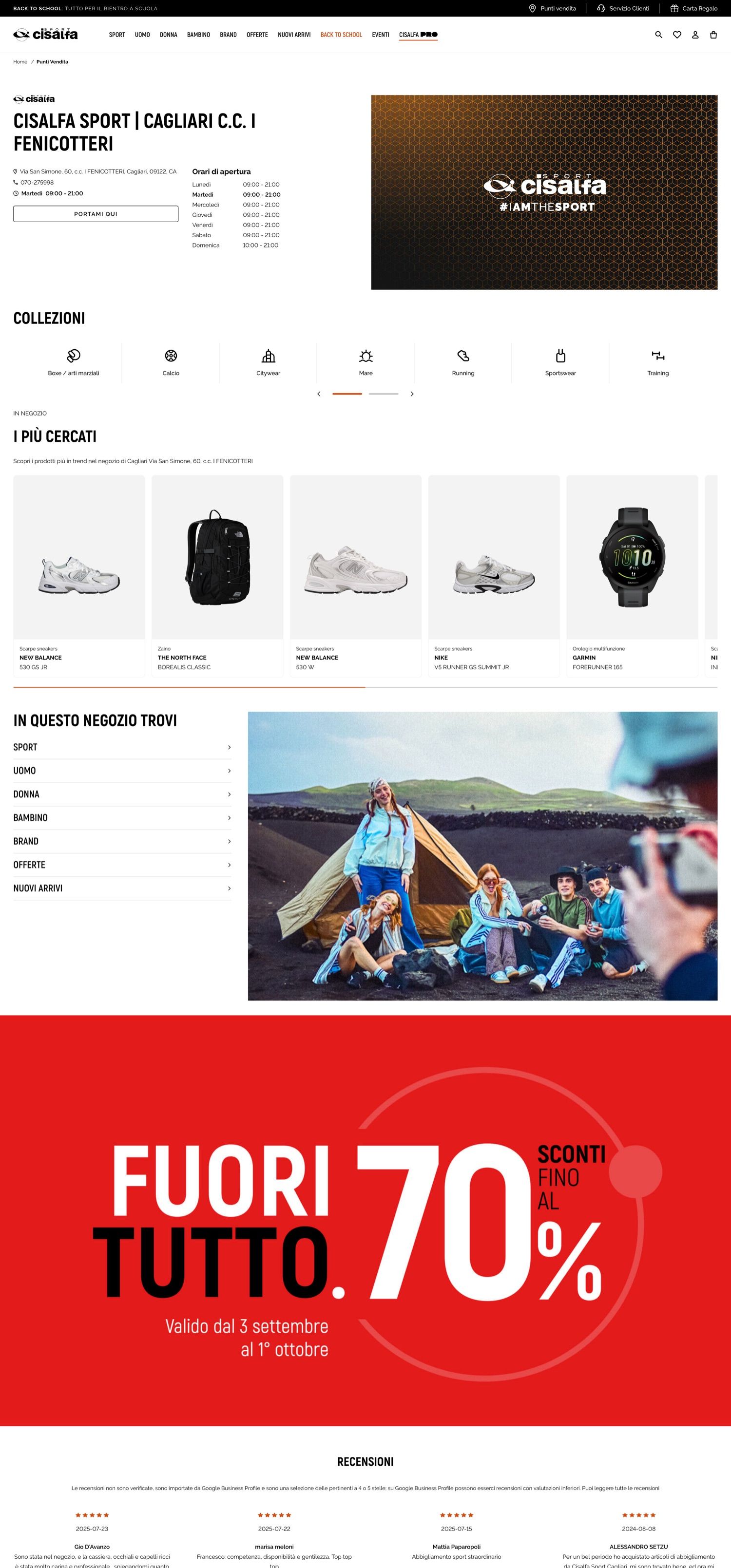 The Cisalfa Sport Cagliari store page, from the header with hours and collections down to the Fuori tutto campaign banner and the reviews