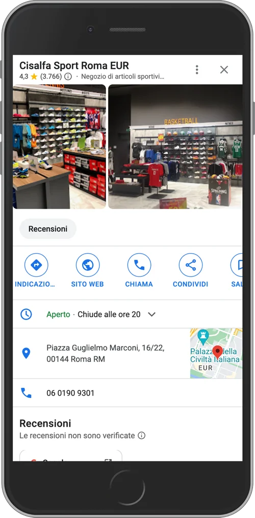 Cisalfa Sport Google Business Profile on smartphone