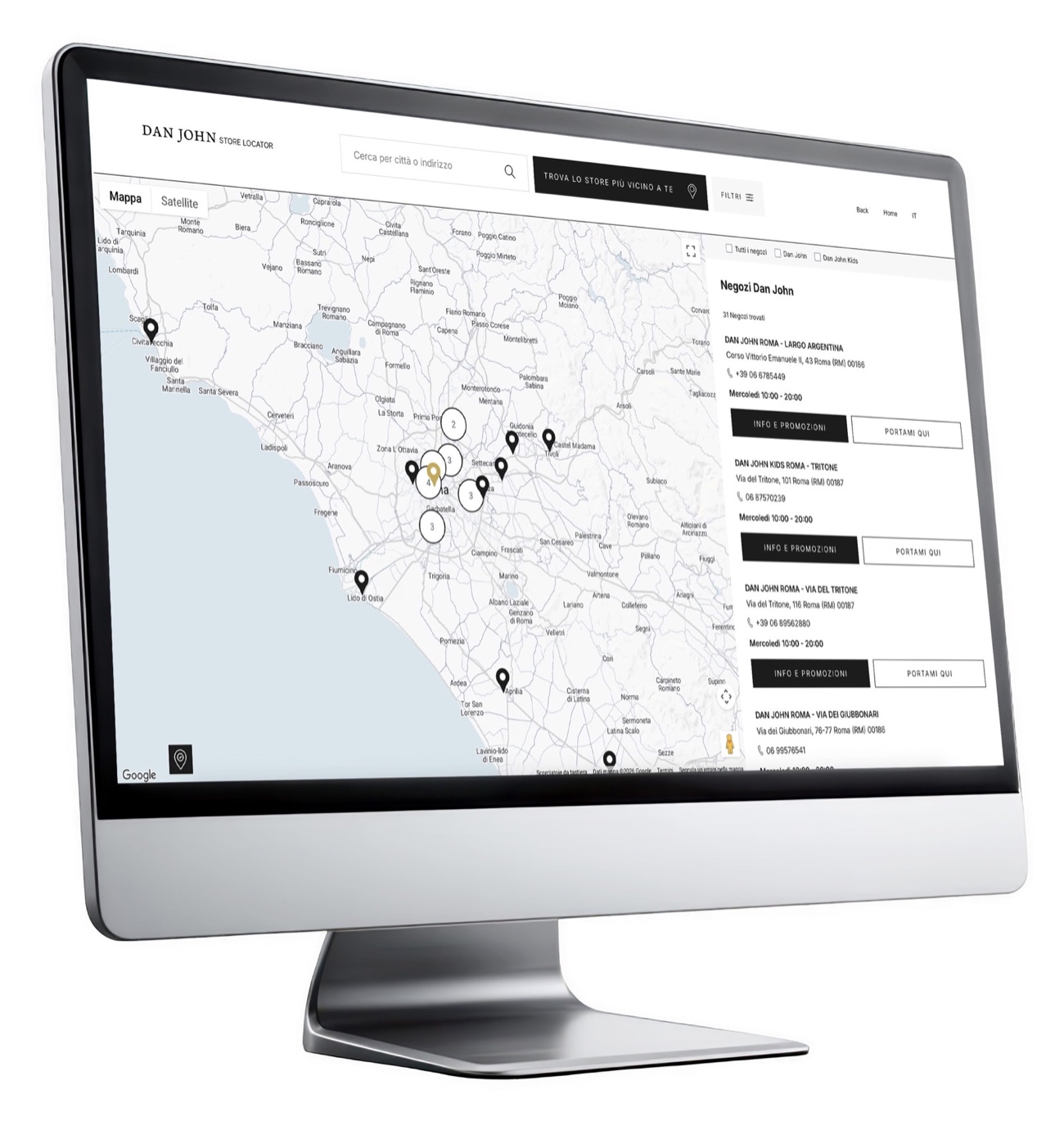 Dan John's Store Locator with the store map and the list of locations