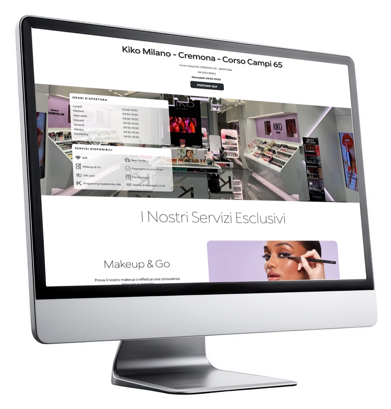 The concierge page for the KIKO Milano store in Cremona, with hours, services and the Take me here button