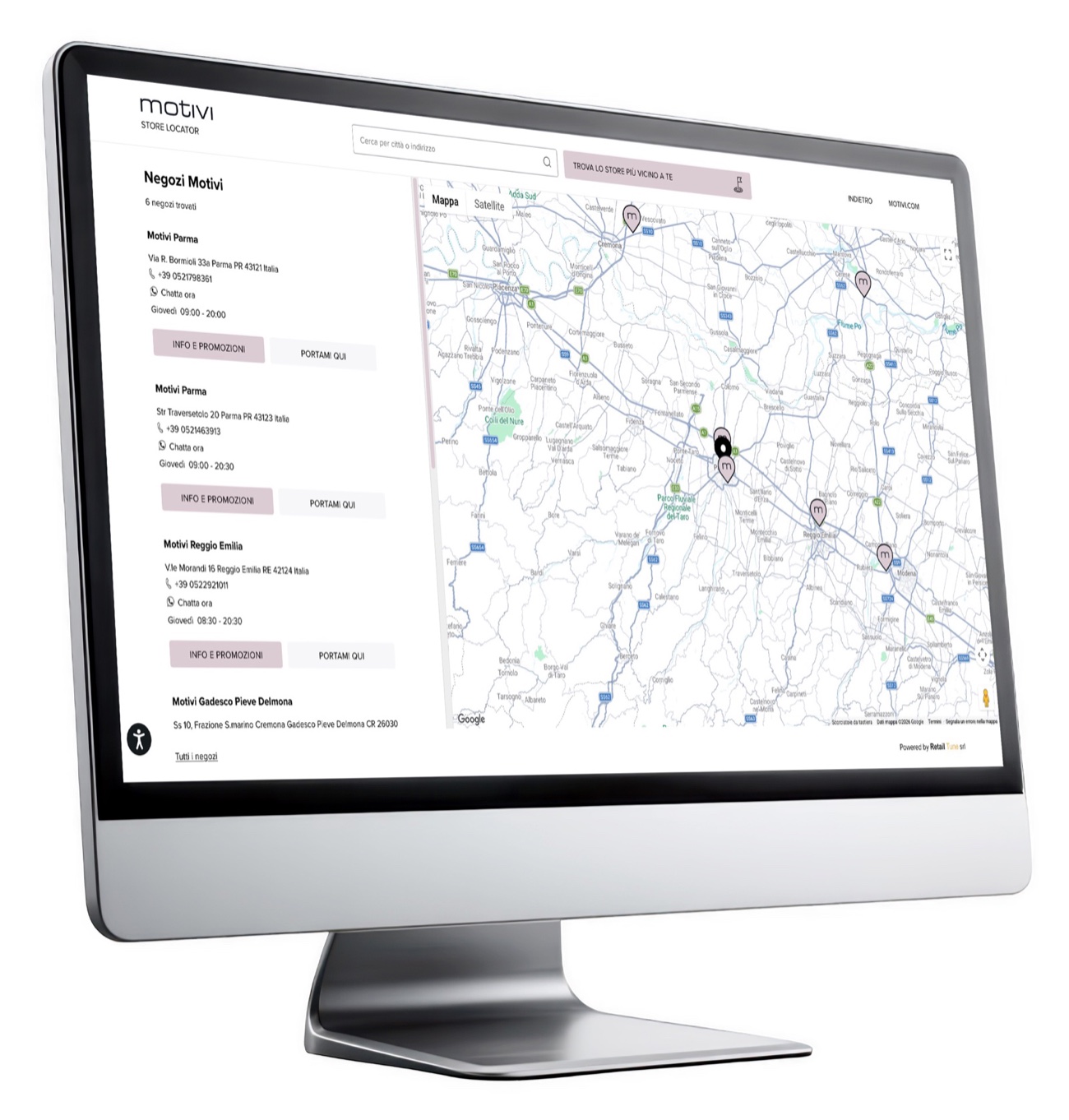 Lo Store Locator di Motivi con la mappa dei negozi tra Parma, Reggio Emilia e Cremona