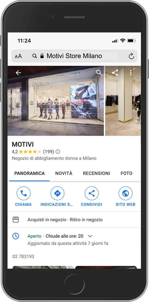 La scheda Google Business Profile di Motivi Store Milano su smartphone