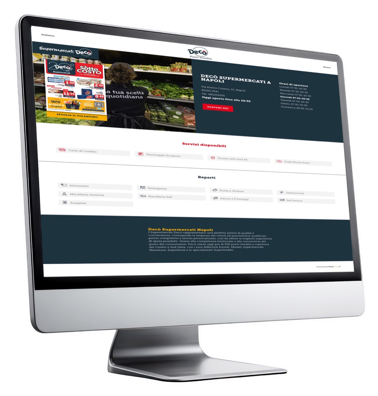The Decò Supermarket concierge page in Naples, with flyer, hours, services and departments