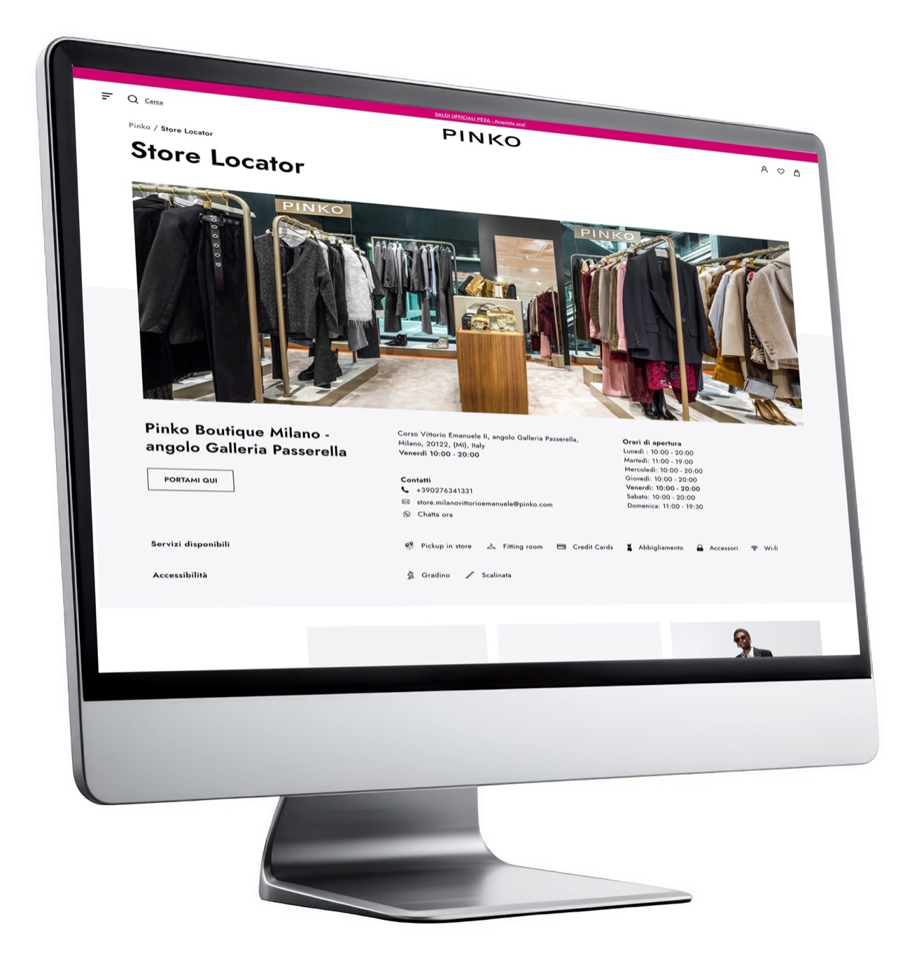 Pinko Boutique Milano's store page in the Store Locator, with hours, contacts and services