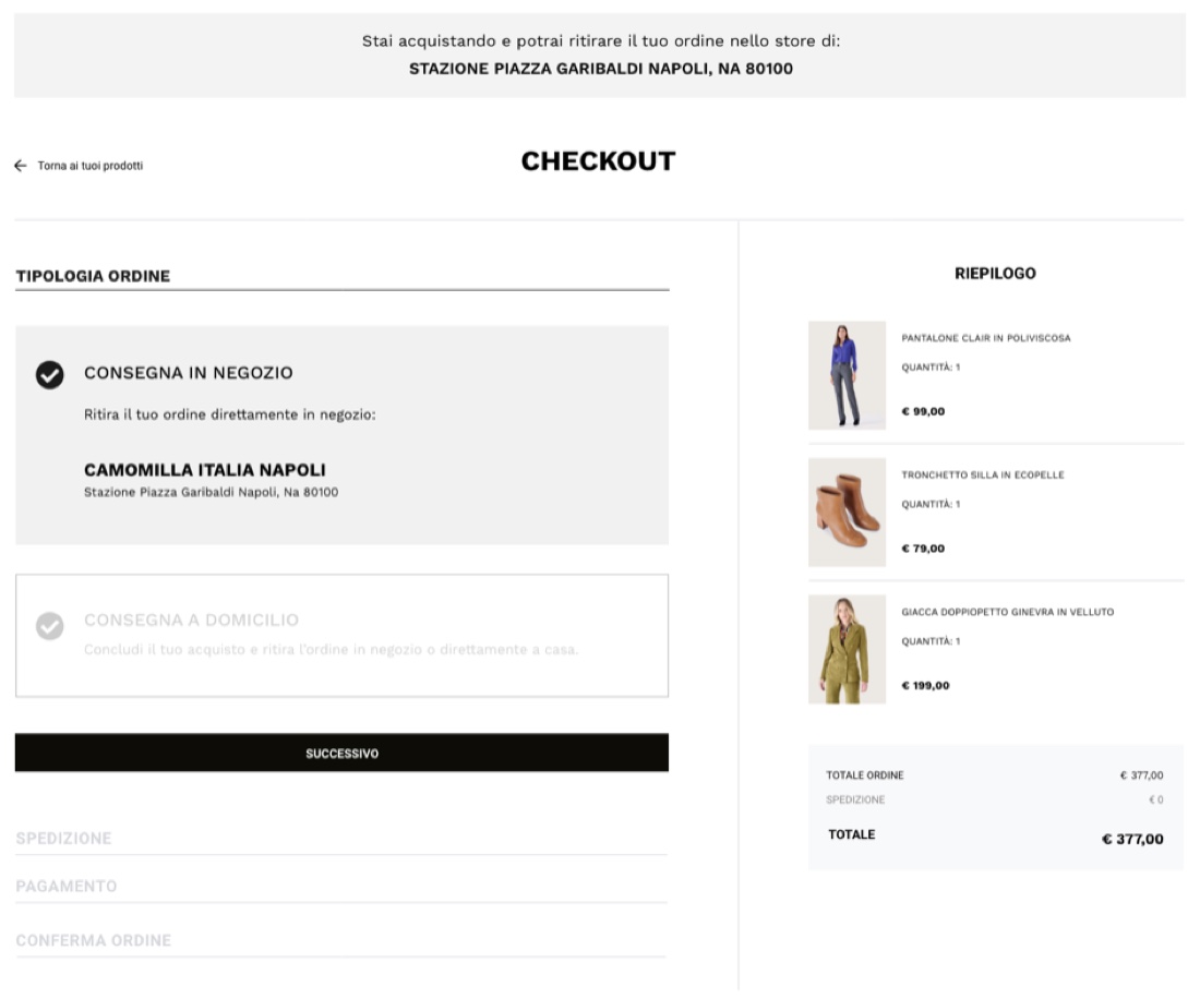 Il checkout con la scelta fra ritiro in negozio e consegna a casa, e il riepilogo dell'ordine