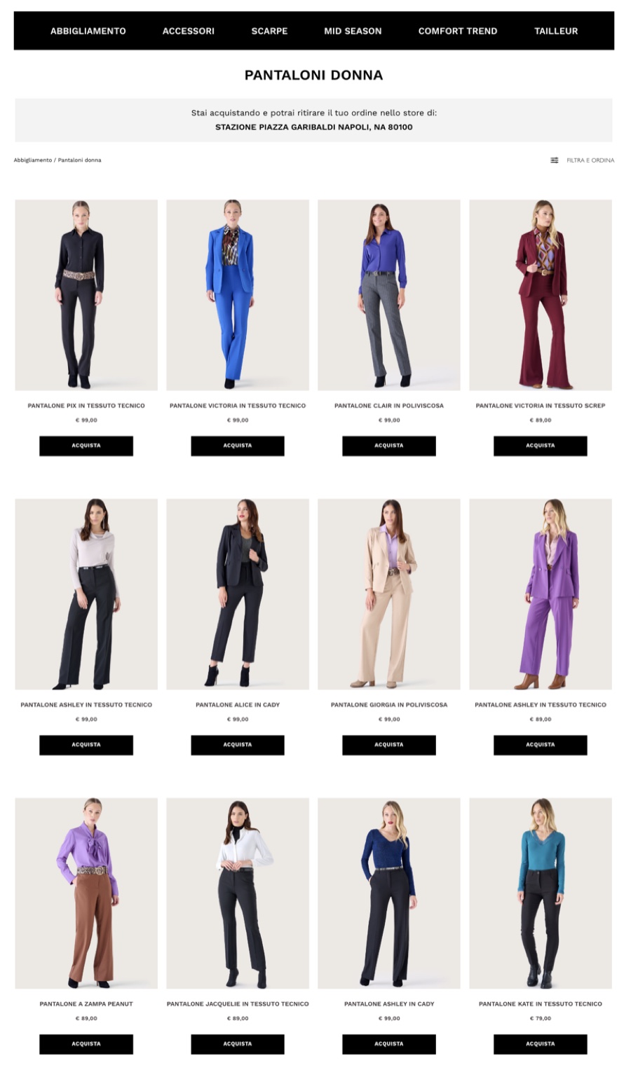La lista dei pantaloni donna disponibili, con l'avviso del punto vendita in cui ritirare l'ordine