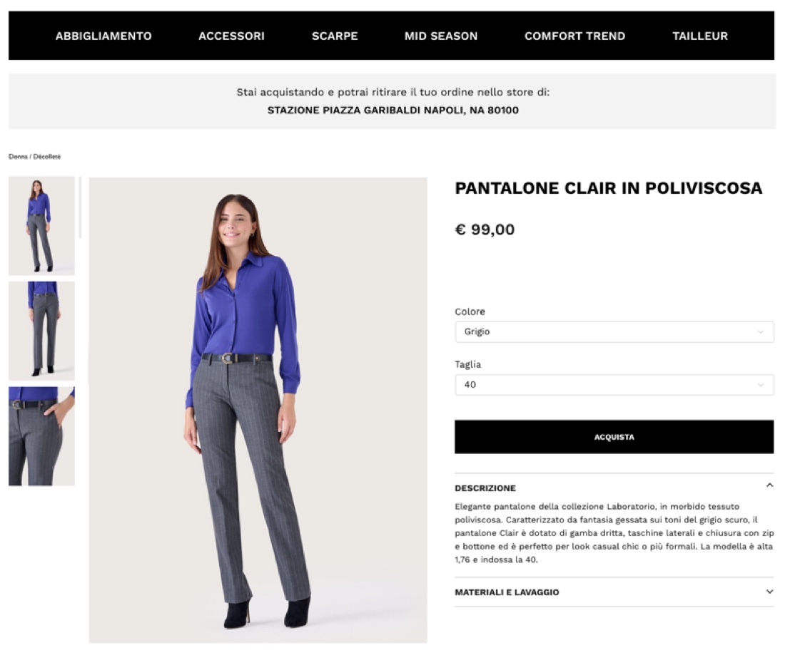 La scheda di un pantalone sul negozio online: colore, taglia, descrizione e pulsante Acquista