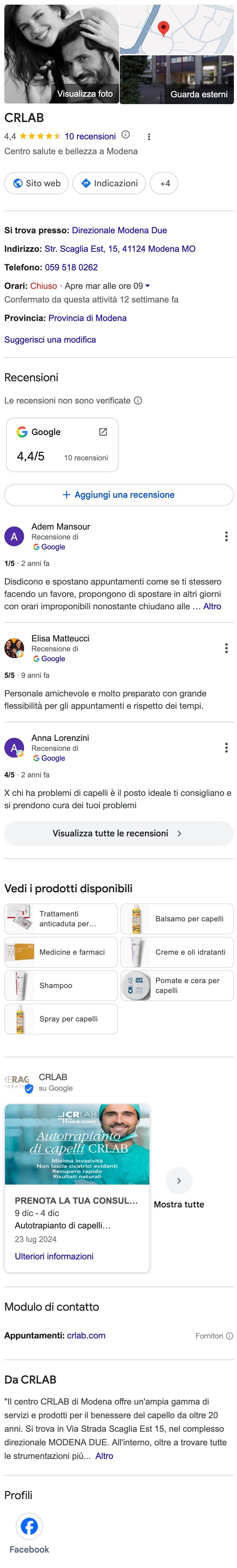 The Google Business Profile listing of the CRLAB store in Modena, with in-store products published by Feed Manager