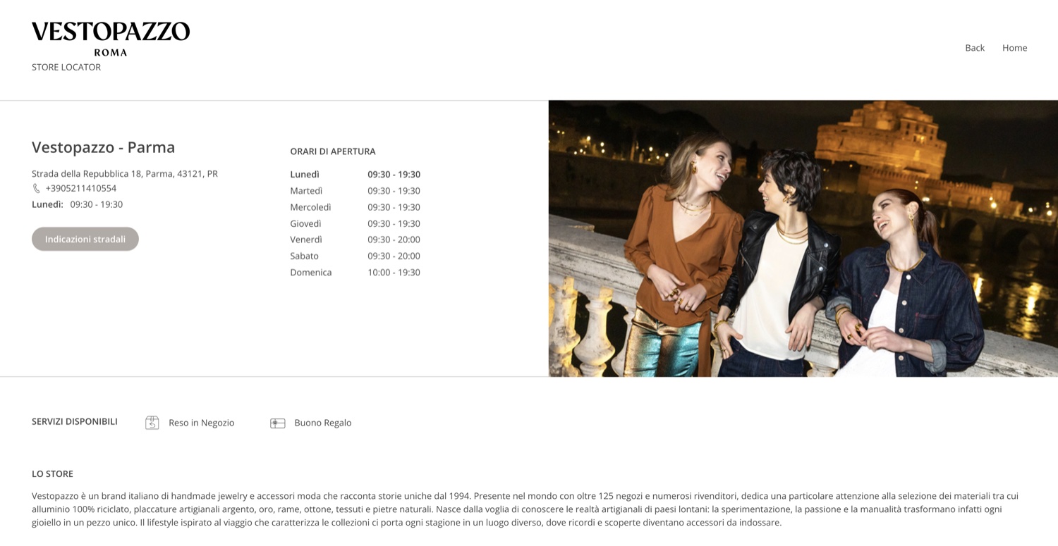 The store page of a Vestopazzo store: address, hours and services of the location