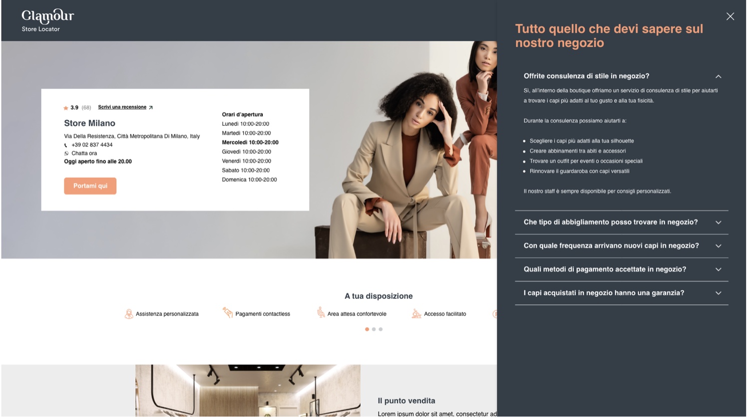 The same page with the &laquo;Everything you need to know about our store&raquo; panel open on the right: questions and answers about the store