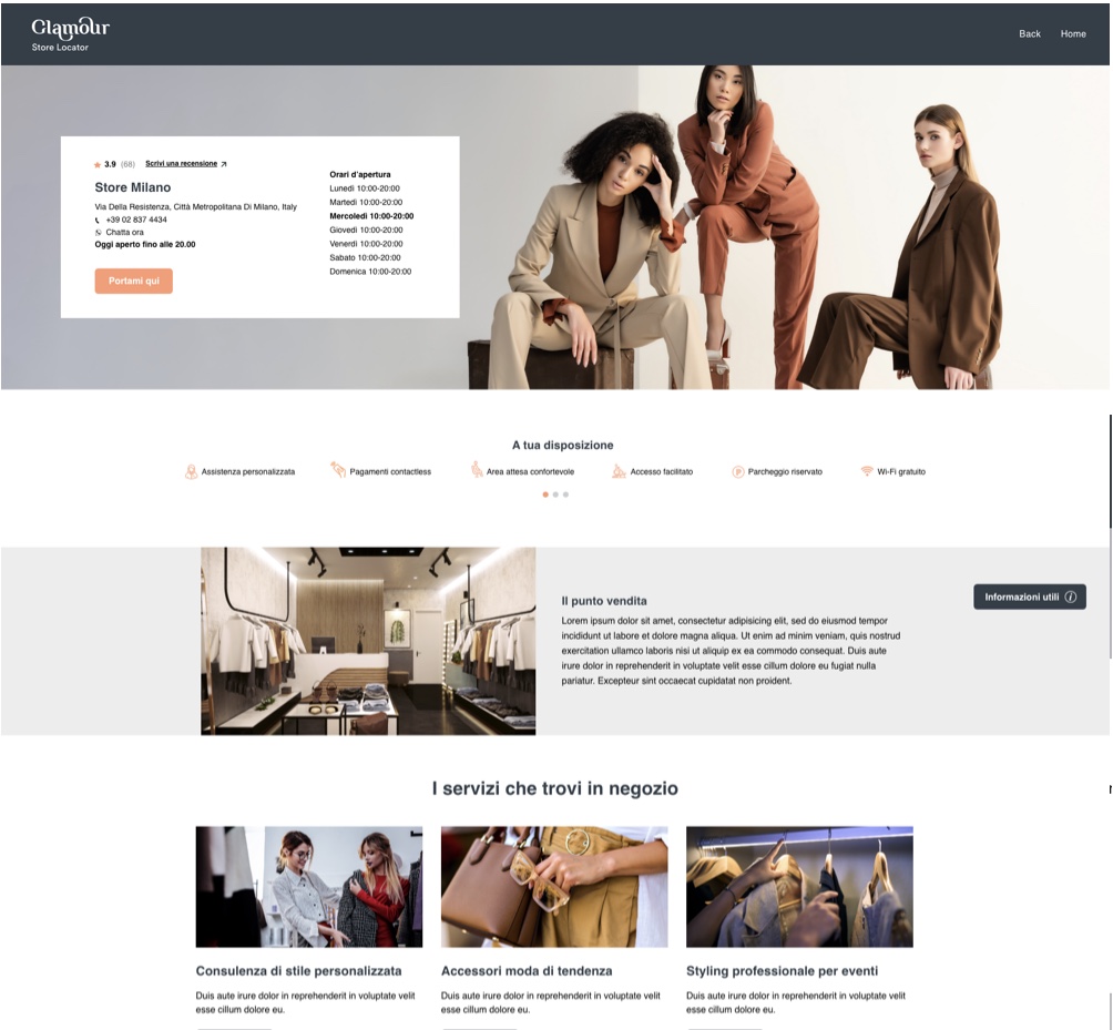 The GEO LLM Page of a Glamour store in its upper half: store details, services and the &laquo;Useful information&raquo; button