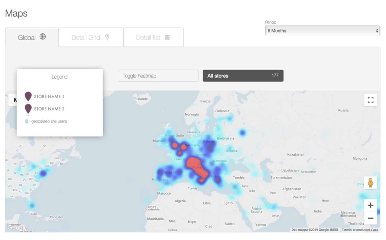 Heat Map — la mappa di calore degli utenti geolocalizzati del sito, sovrapposta alla rete dei punti vendita, con la legenda e il filtro per periodo