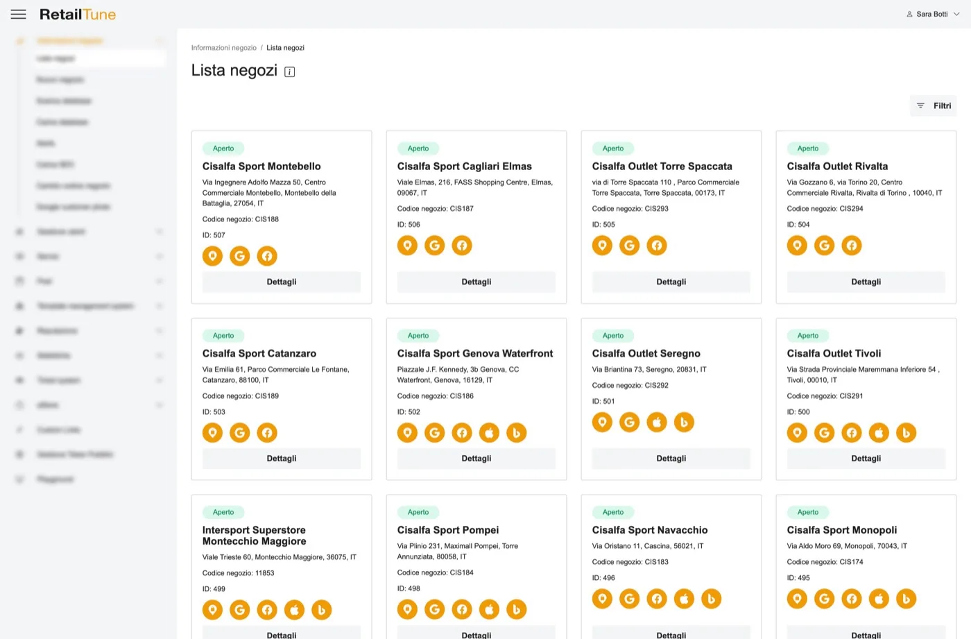 The RetailTune AI platform: a customer's store list