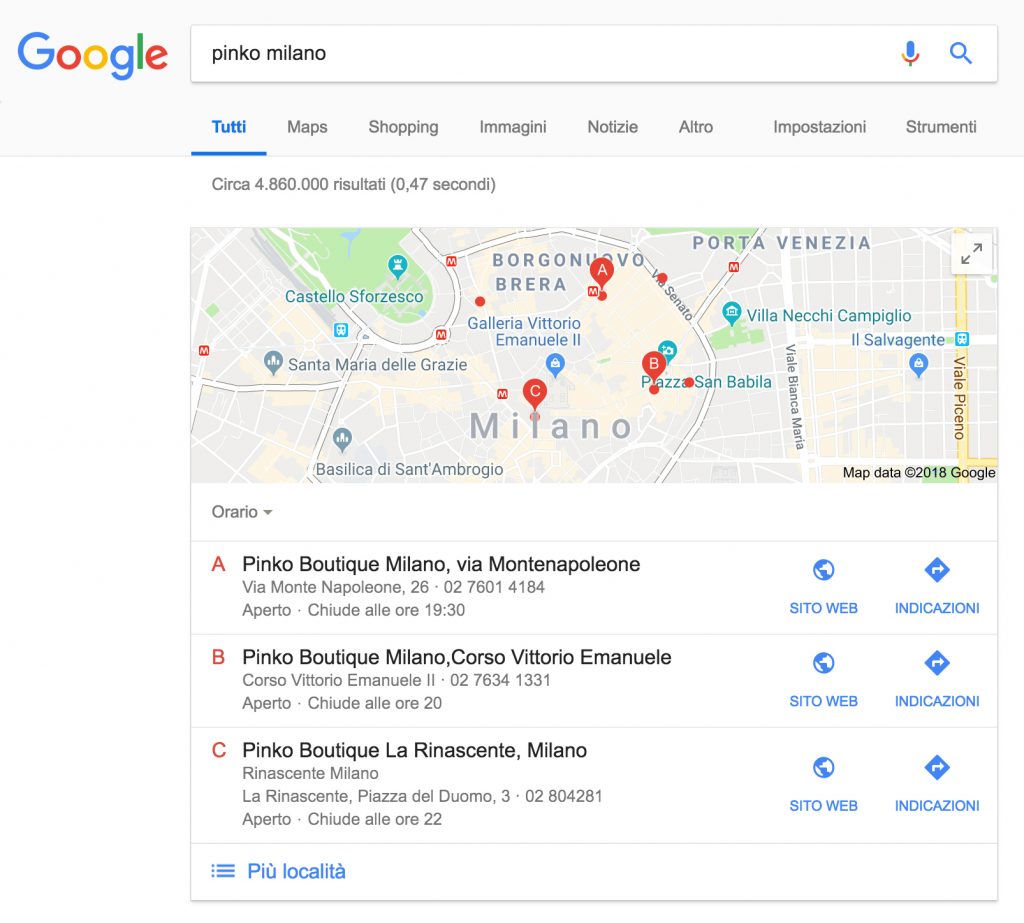 Local SEO il case study Pinko