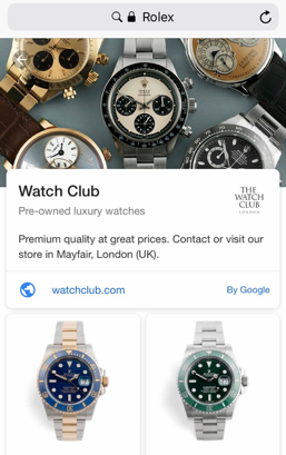 Google Showcase Shopping ad for watches