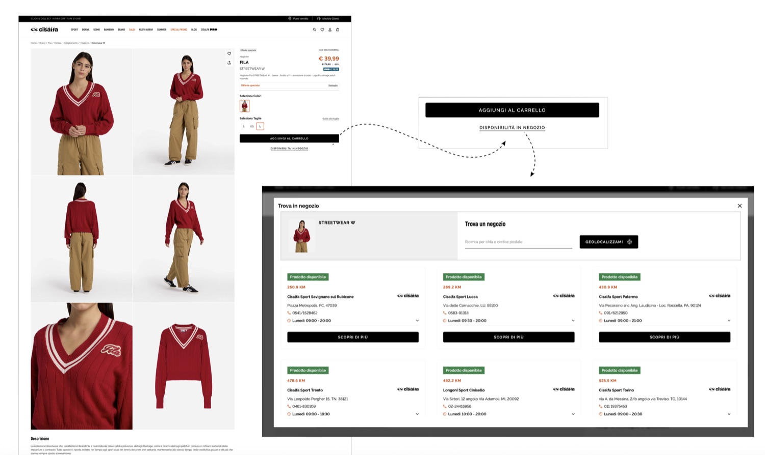 In-store availability on the product page, with the list of stores