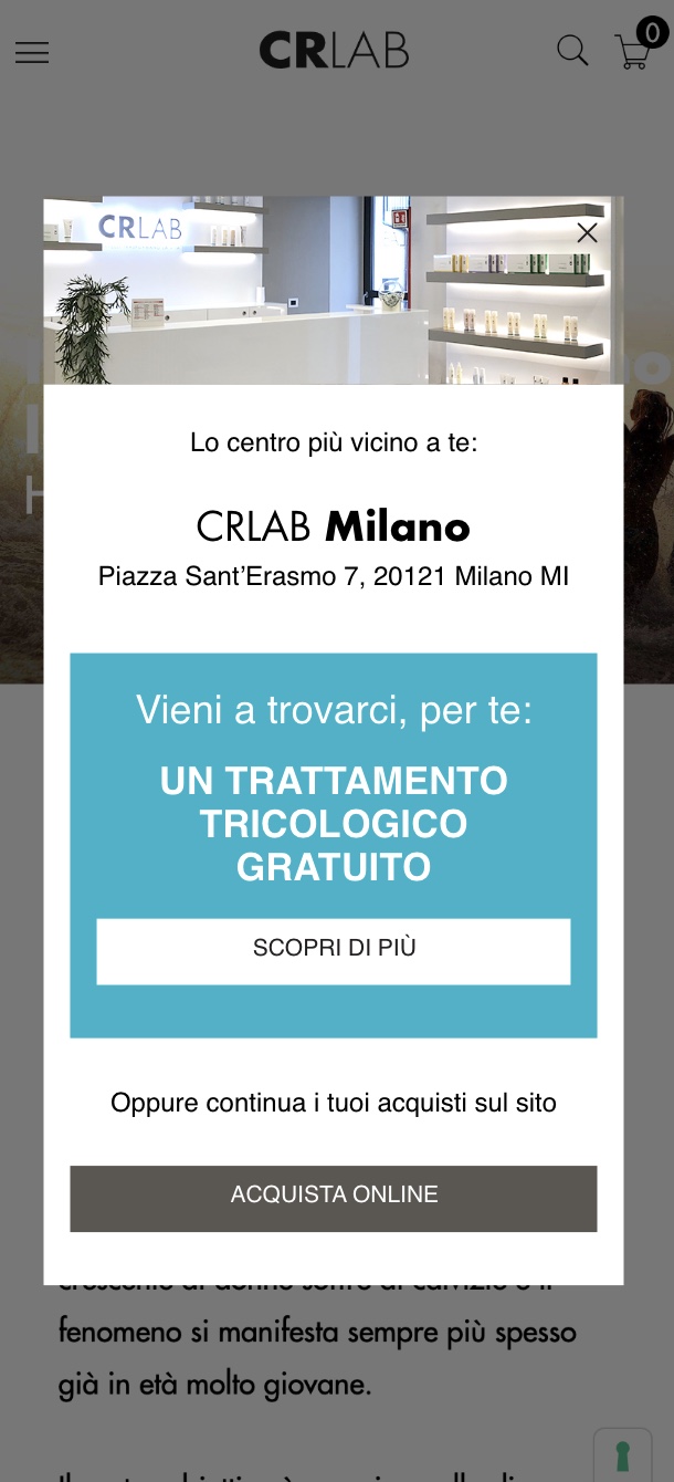 The pop-up on the CRLAB website suggesting the nearest center to the user, CRLAB Milano, inviting them to a free trichology treatment