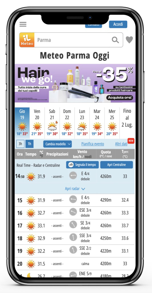 Proximity ad on ilMeteo's weather page for Parma