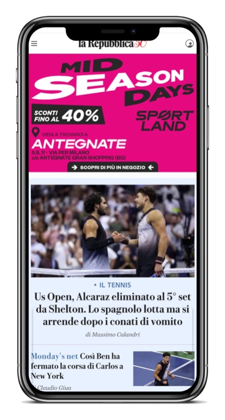 L'annuncio Sportland Mid Season Days con l'invito a passare in negozio ad Antegnate, mostrato su la Repubblica