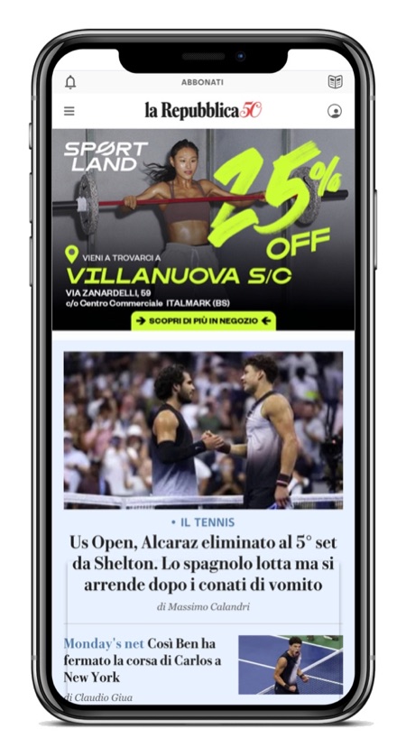 L'annuncio Sportland con lo sconto del 25% e l'invito a passare in negozio a Villanuova sul Clisi, mostrato su la Repubblica