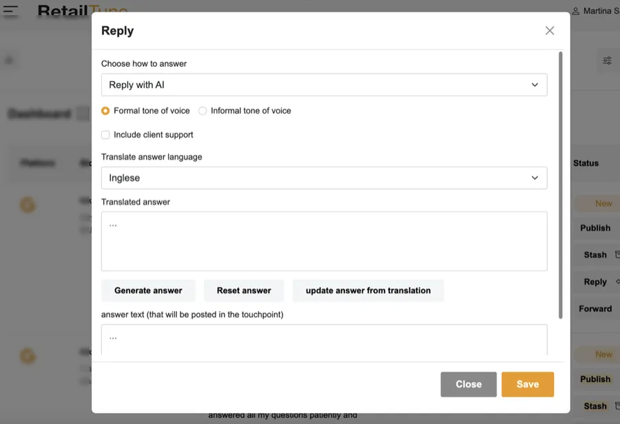 The AI-assisted reply window in the RetailTune AI platform