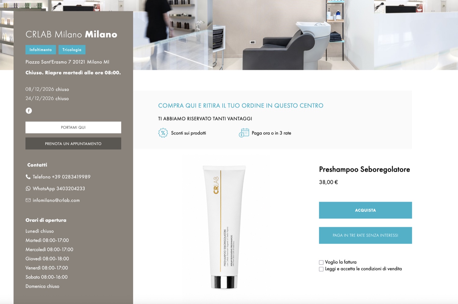 La store page di CRLAB Milano: &laquo;Compra qui e ritira il tuo ordine in questo centro&raquo;, il prodotto e i pulsanti di acquisto