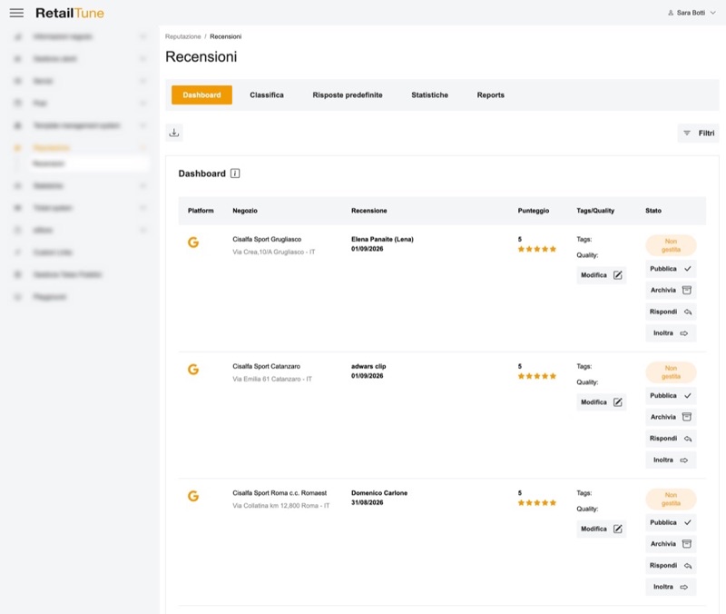 Il pannello recensioni di RetailTune AI