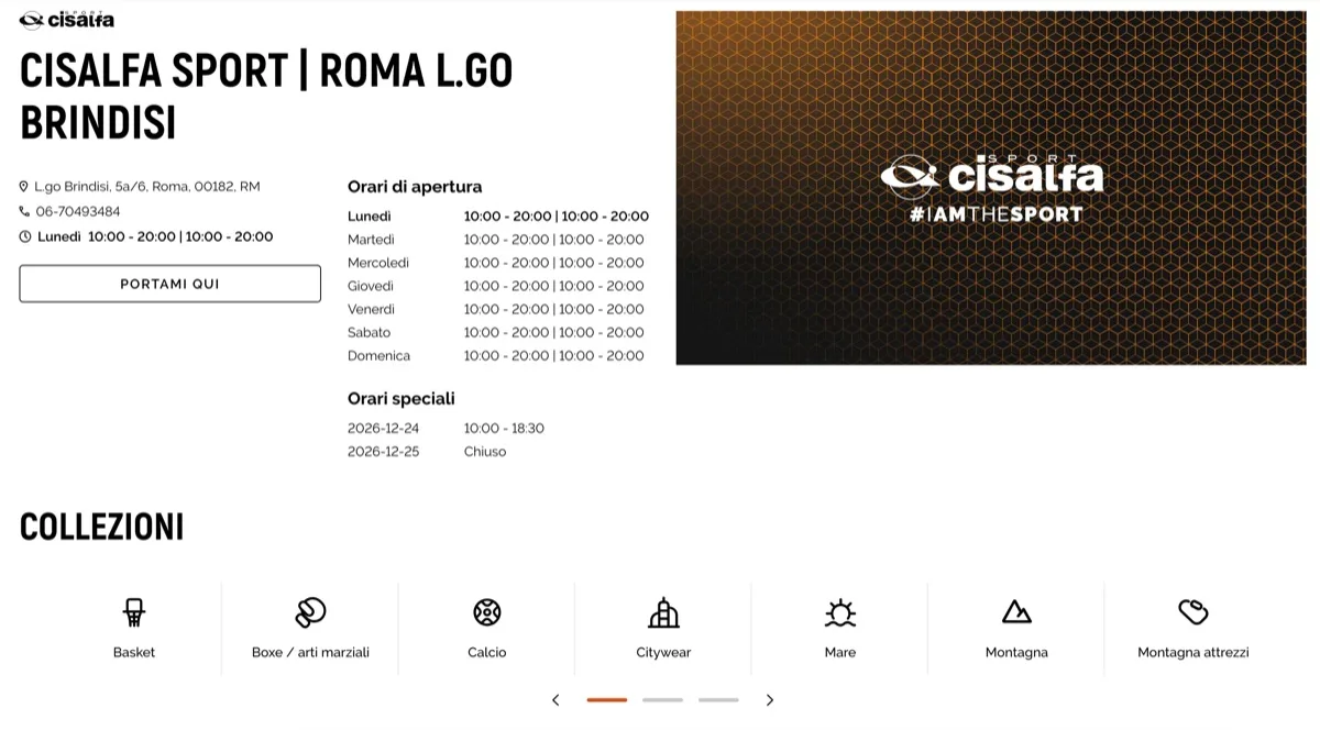 Store page of Cisalfa Sport Rome Largo Brindisi, with hours and collections