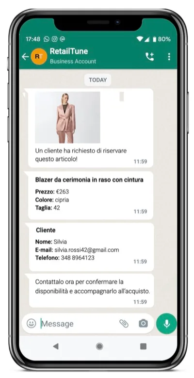 The WhatsApp notification alerting the store of a customer's request